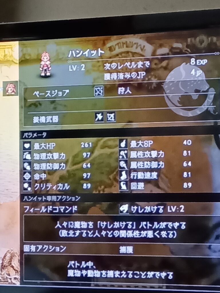 ハンイットのレベル2のステータス画面