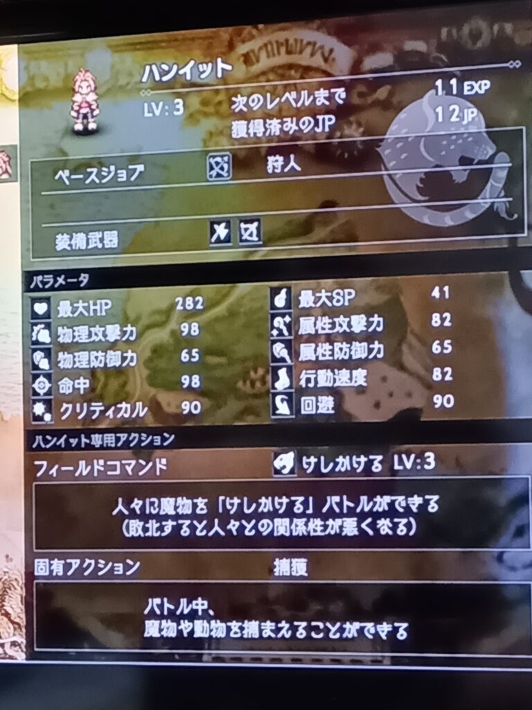 ハンイットのレベル3のステータス画面
