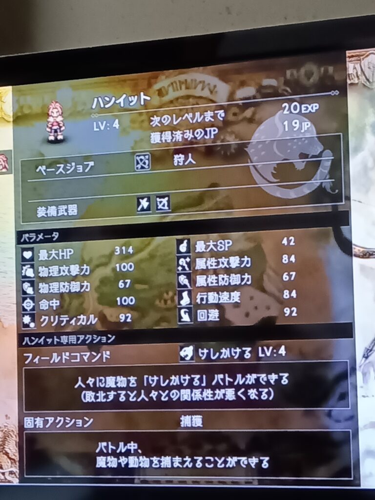 ハンイットのレベル4のステータス画面