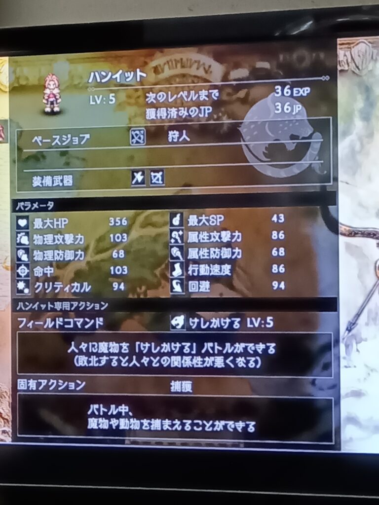 ハンイットのレベル5のステータス画面