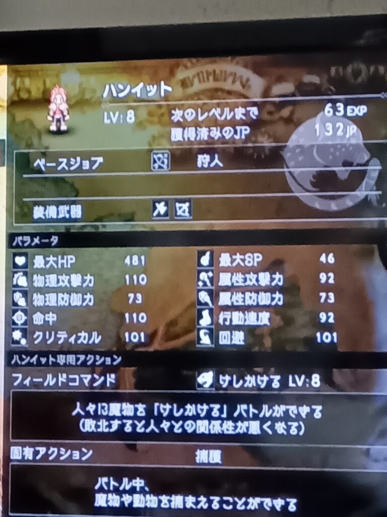 ハンイットのレベル8のステータス画面