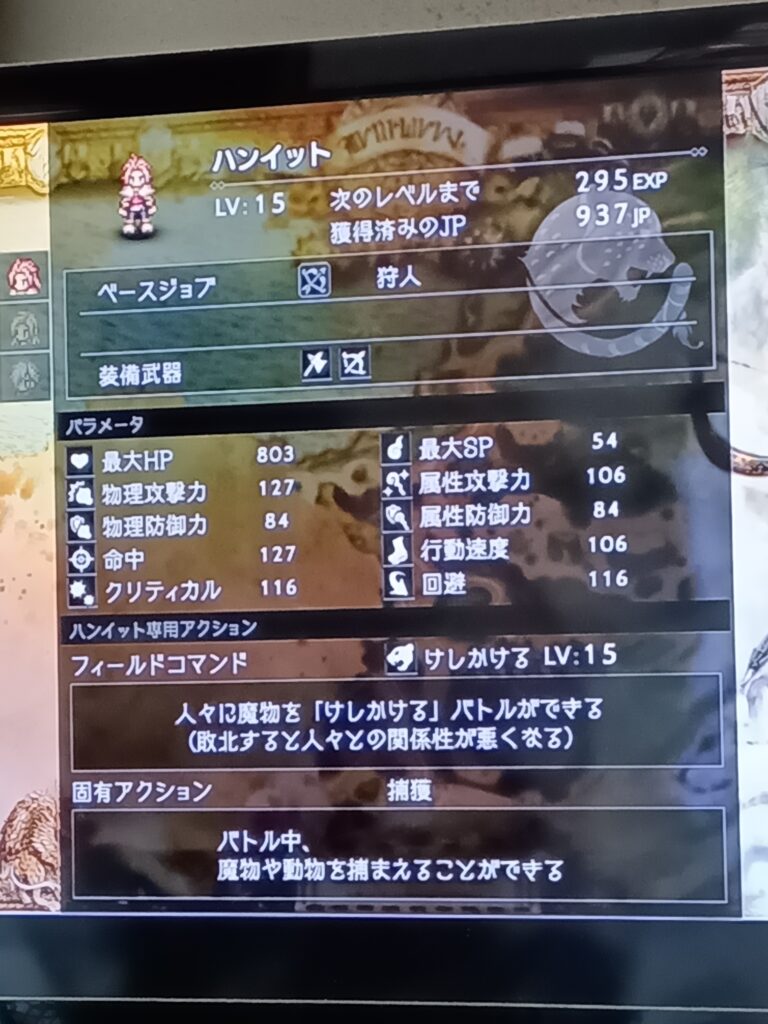 ハンイットのレベル15のステータス画面