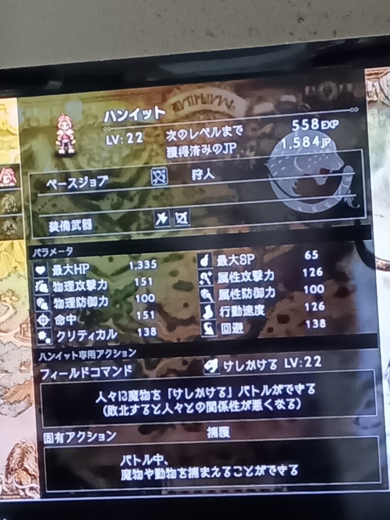 ハンイットのレベル22のステータス画面