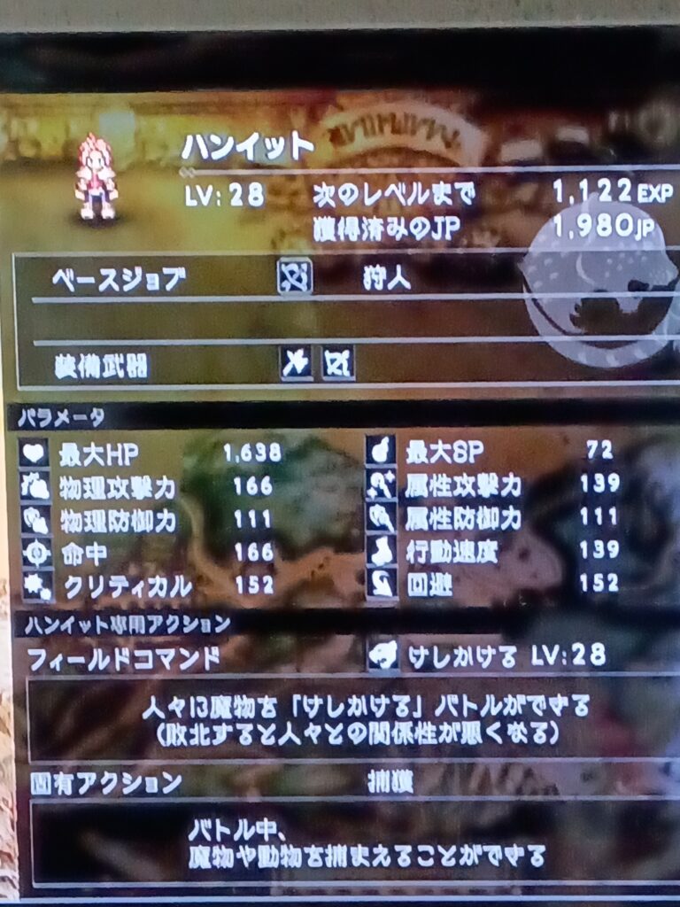 ハンイットのレベル28のステータス画面