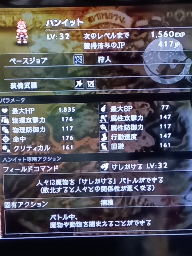 ハンイットのレベル32のステータス画面