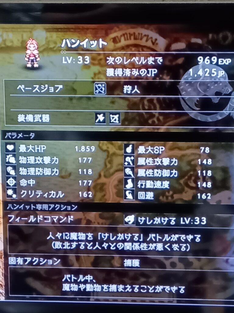 ハンイットのレベル33のステータス画面