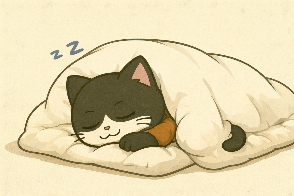 mk008899.comのマスコット『武装ネコ兵士』が白い布団を被ってスヤスヤ気持ちよさそうに眠っている姿