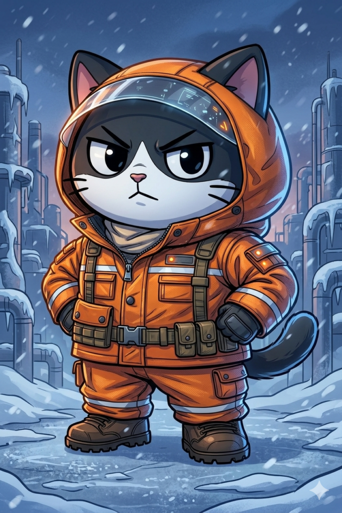 雪景色の中でオレンジ色のレインコートを着て立つ、二頭身のハチワレ猫のマスコットキャラクター武装ネコ兵士