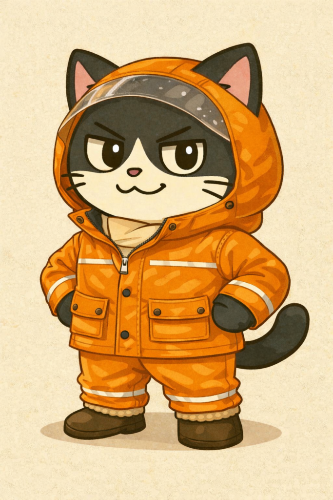 https://mk008899.com(まーくんのブログ)のマスコットキャラクター『武装ネコ兵士』がオレンジ色のレインコートを着て腰に手を当ててこちらを見つめて立っている姿