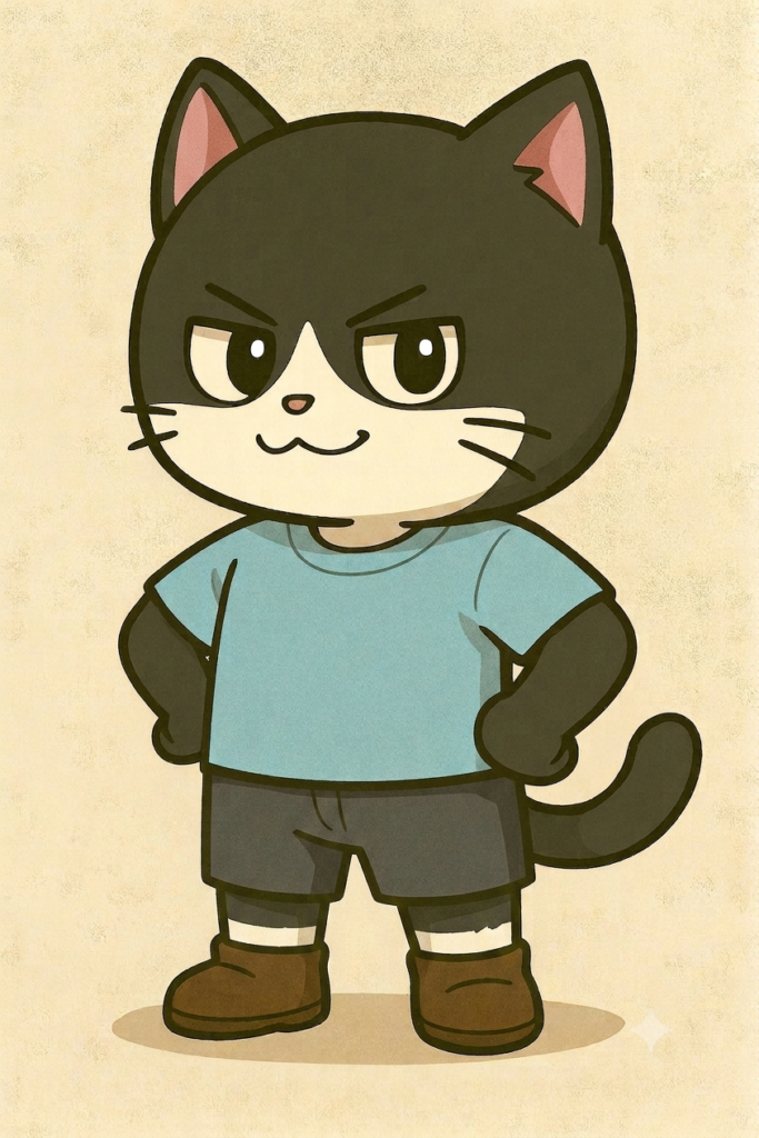 黒い毛並みで白い口元の猫のキャラクター。水色のTシャツ、黒いズボン、茶色のブーツを身に着け、腰に手を当てて自信ありげな表情で立っているまーくんのブログのマスコットキャラクター『武装ネコ兵士』のイラスト。